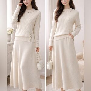 Wool Blended Cream Knit Sweater and Skirt Set